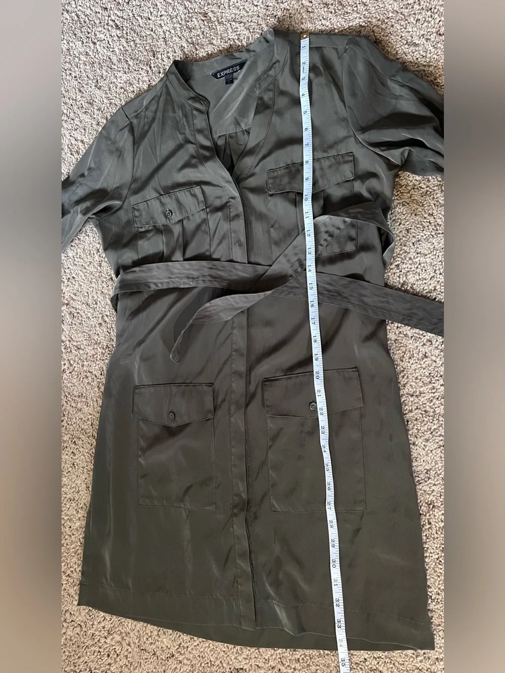 EXPRESS Olive Utility Shirt Dress with Waist Tie cargo style - Picture 4 of 7